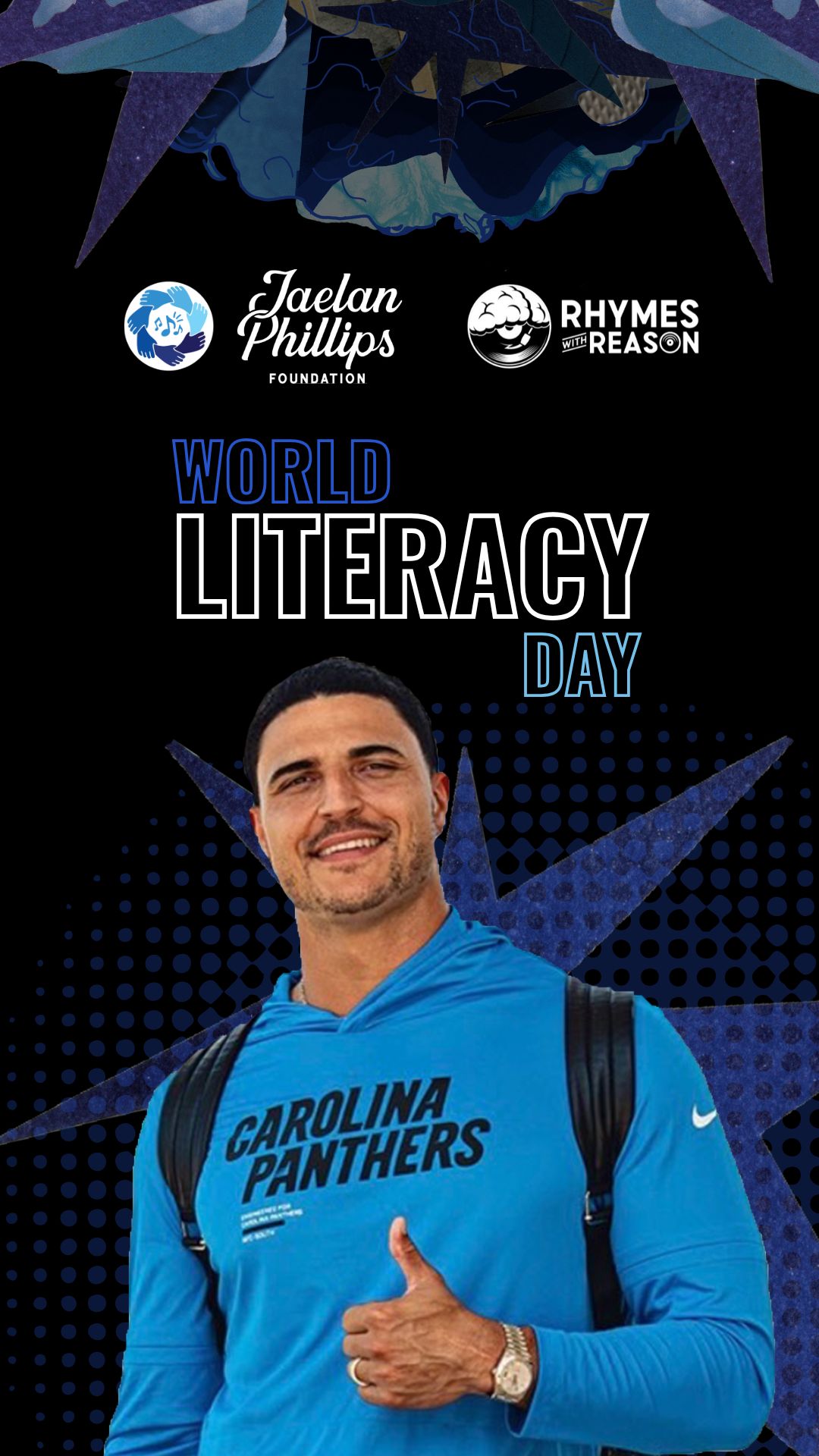 Jaelan Phillips Foundation and Rhymes with Reason World Literacy Day announcement.