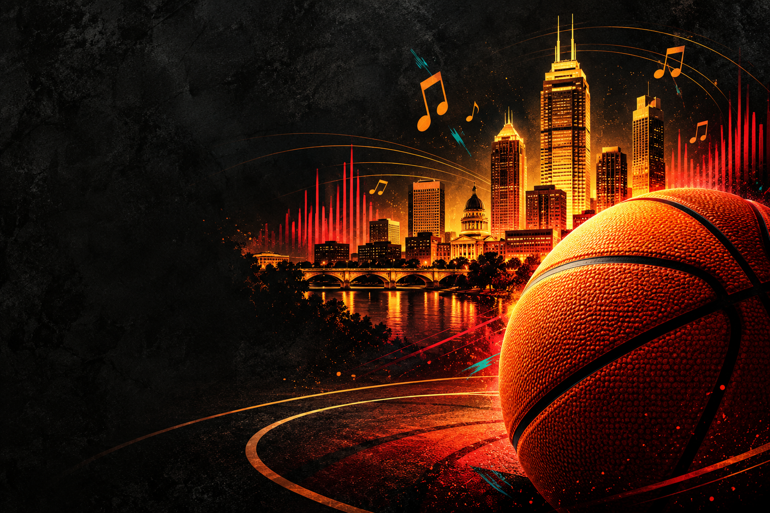 Illustrative basketball, city skyline, and music artwork.