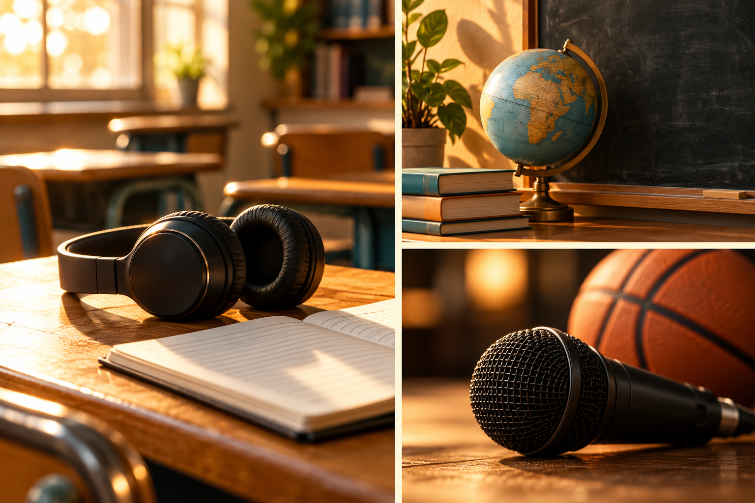 Illustrative classroom scene with headphones, books, a globe, microphone, and basketball.
